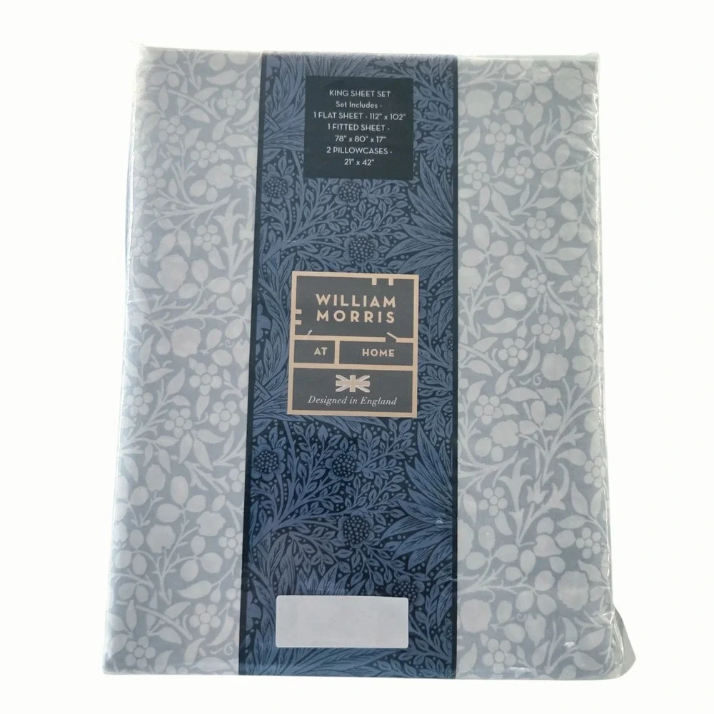 William Morris Cotton Percale Floral King Sheet Set of 4 Tonal Clover Soft Blue